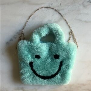Blue Smiley Face Faux Fur Purse Gold Chain 90s